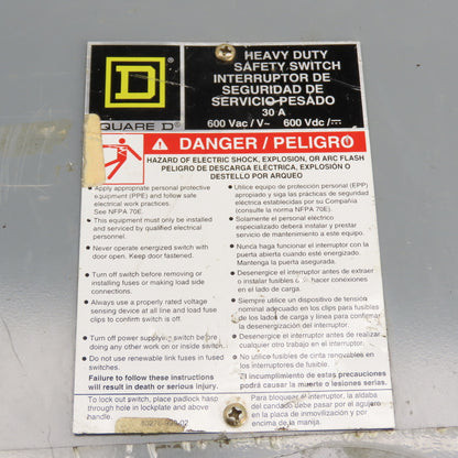Square D HU461AWKEI 30A Non Fusible Safety Disconnect Switch 600VAC 4-Pole