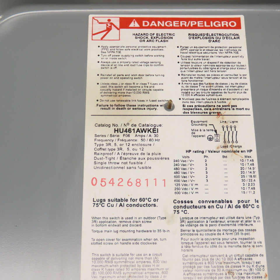 Square D HU461AWKEI 30A Non Fusible Safety Disconnect Switch 600VAC 4-Pole