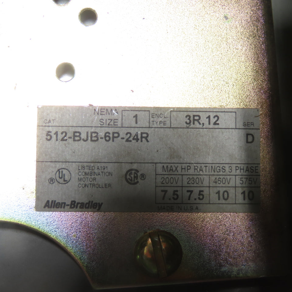 Allen-Bradley 512-BJB-6P-24R NEMA Size 1 Combination Motor Controller 460V 3Ph