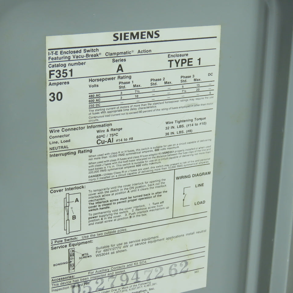 Siemens F351 30A 3-Pole Fusible Safety Disconnect Switch 600V