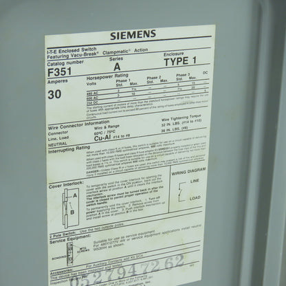 Siemens F351 30A 3-Pole Fusible Safety Disconnect Switch 600V