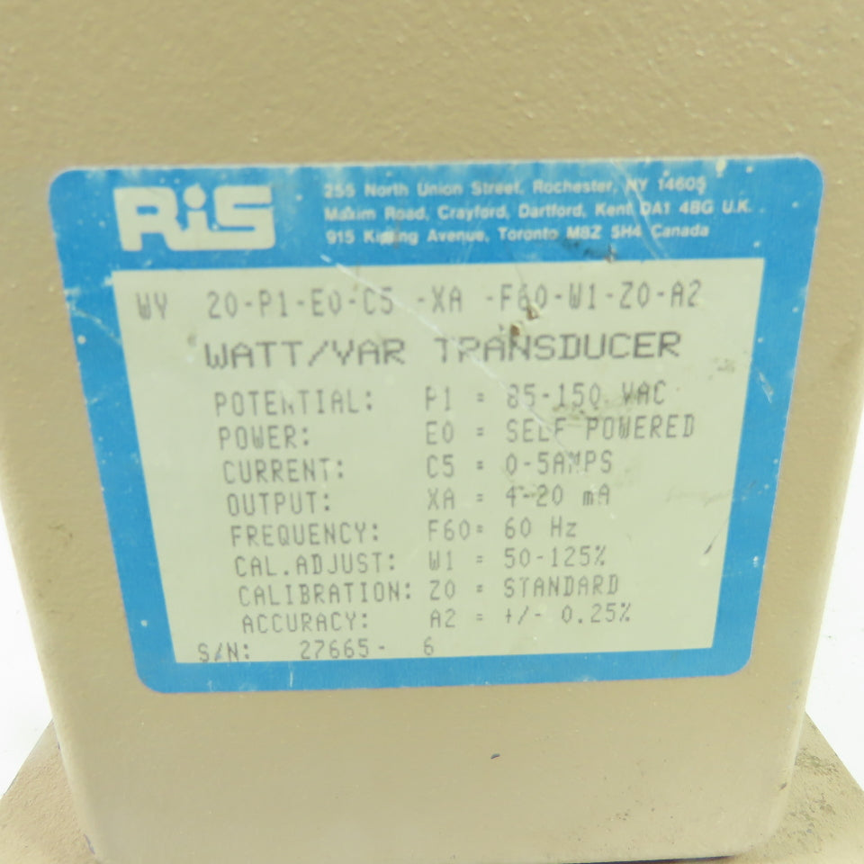 RIS WV 20-P1-E0-C5 -XA -F60-W1-Z0-A2 Watt/VAR Transducer