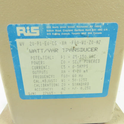 RIS WV 20-P1-E0-C5 -XA -F60-W1-Z0-A2 Watt/VAR Transducer
