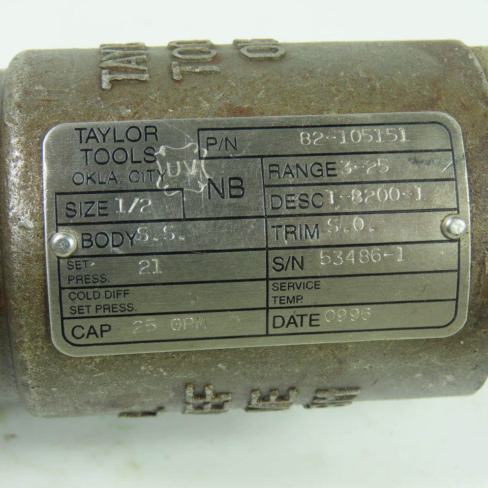 Taylor Tools 82-105151 1/2" S.S. Relief Valve 25 GPM 21 PSI T-8200-1