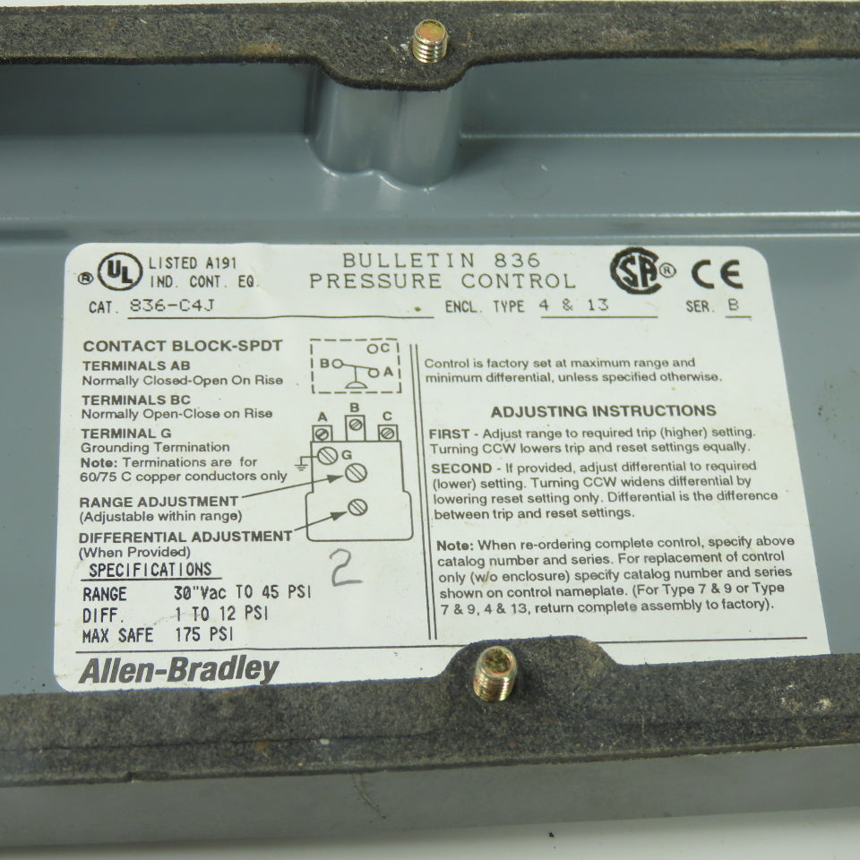 Allen-Bradley 836-C4J Bulletin 836 Style C Pressure Control 30" Vac-45 PSI