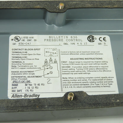 Allen-Bradley 836-C4J Bulletin 836 Style C Pressure Control 30" Vac-45 PSI