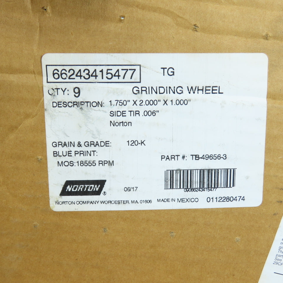 Norton TB-49656-3 66243415477 TG Grinding Wheel 1.750" x 2.000" x 1.000" 120-K