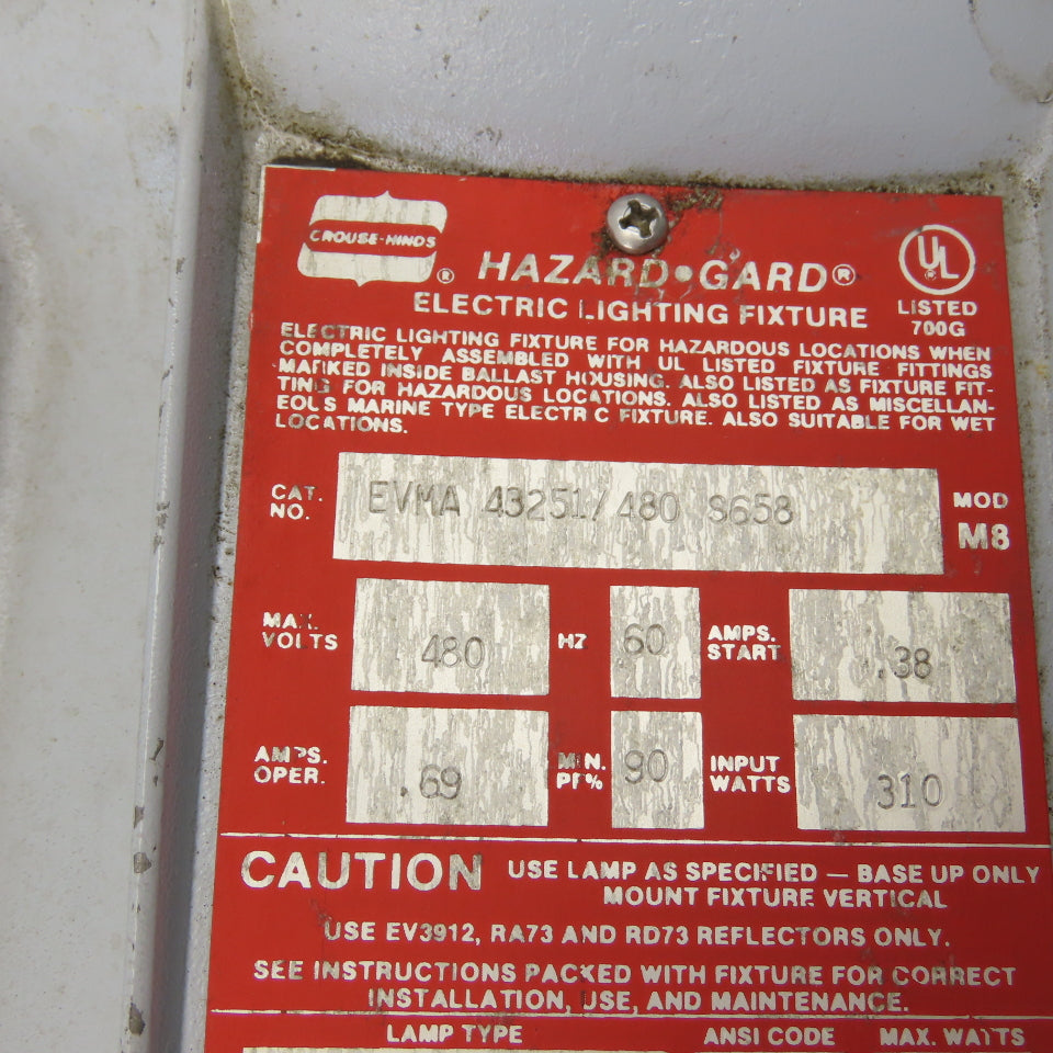 Crouse-Hinds EVMA 43251/480 Hazard-Gard Explosion Proof Light Fixture 250W 480V