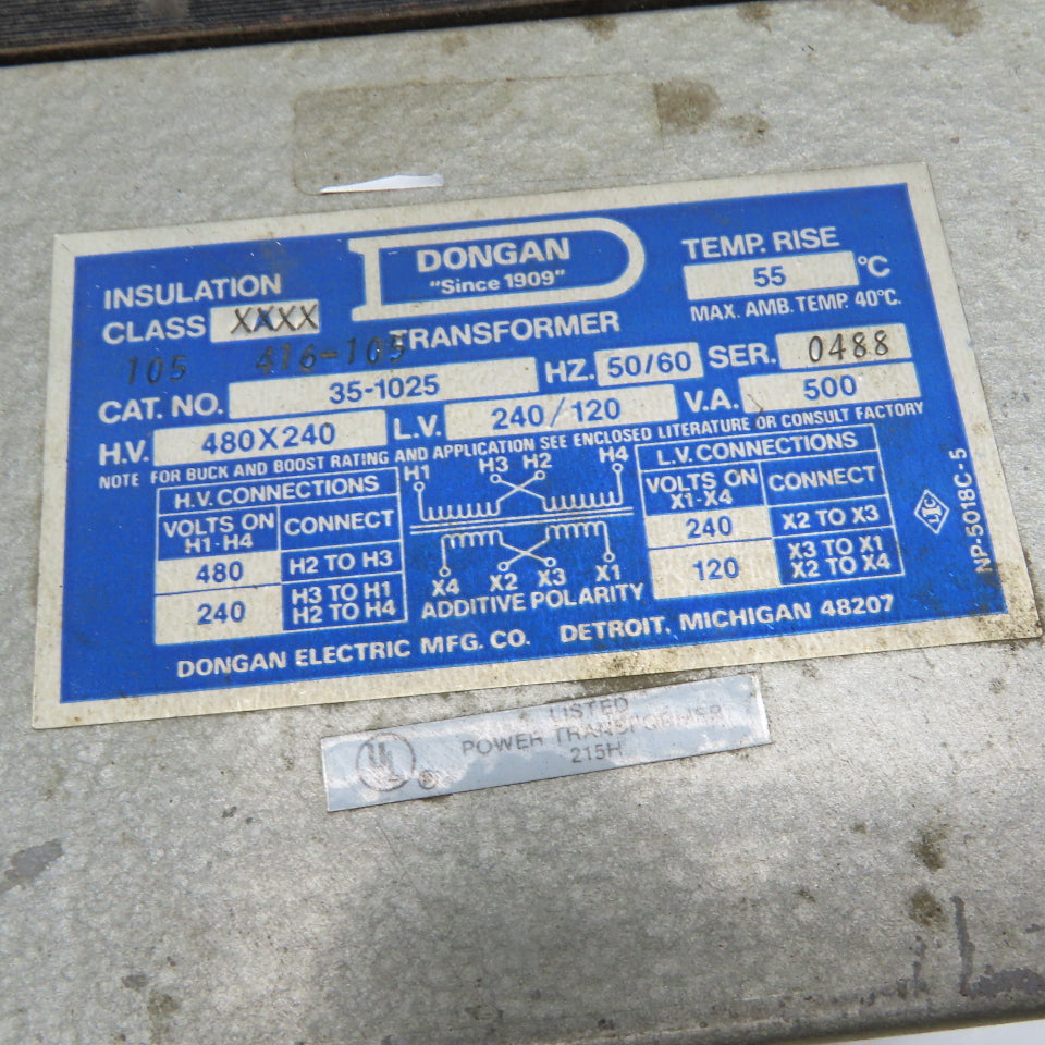 Dongan 35-1025 480x240V Pri 500VA 240/120V Sec Transformer