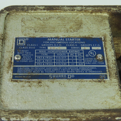 Square D 2510 FR-2 Manual Starter for Hazardous Locations 115V/230V 1Ph