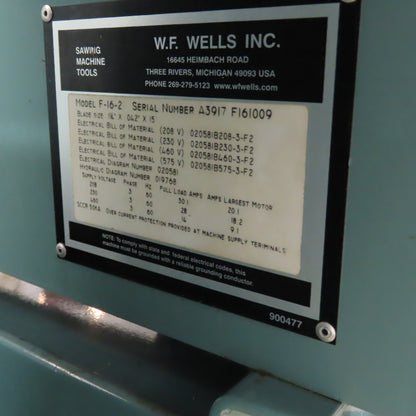 W.F. Wells F-16-2 16x20 Twin Post Semi-Auto Horizontal Band Saw 480V 3PH (Clean)