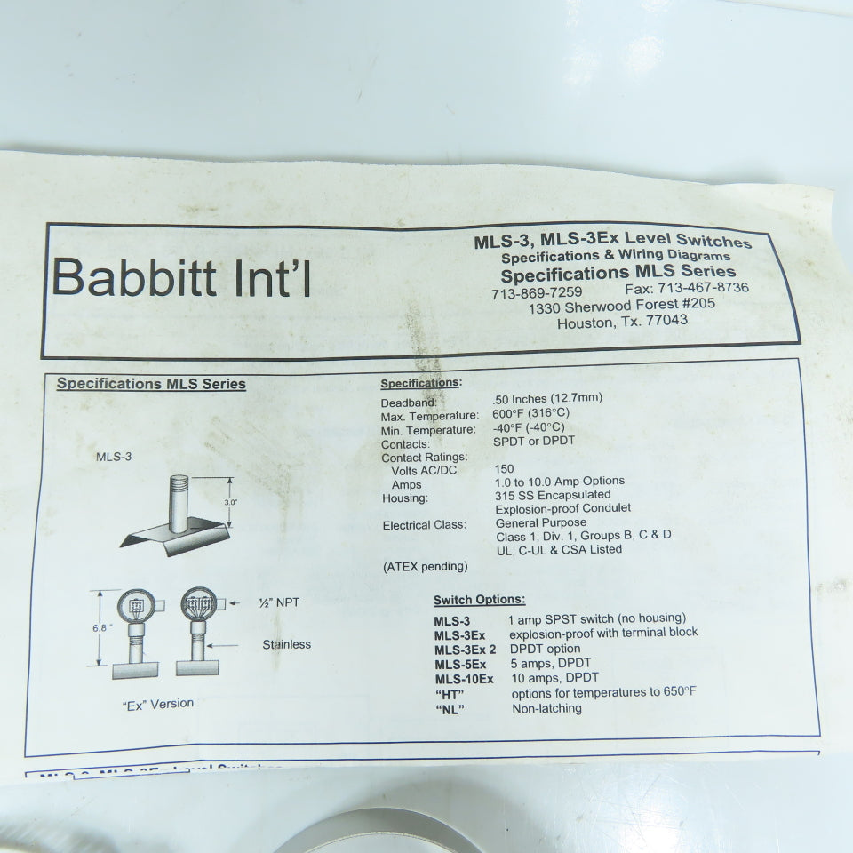 Babbitt International MLS-3EX Explosion Proof Magnetic Level Switch Non-Latching
