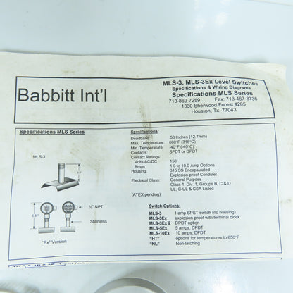 Babbitt International MLS-3EX Explosion Proof Magnetic Level Switch Non-Latching