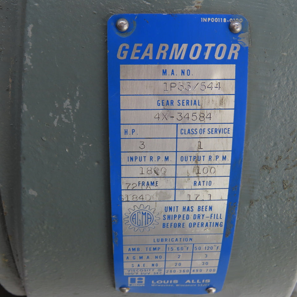 Louis Allis 1P33/544 Inline Gearmotor 3HP 100RPM Output 17.1 Ratio 230/460V 3PH