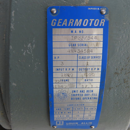 Louis Allis 1P33/544 Inline Gearmotor 3HP 100RPM Output 17.1 Ratio 230/460V 3PH