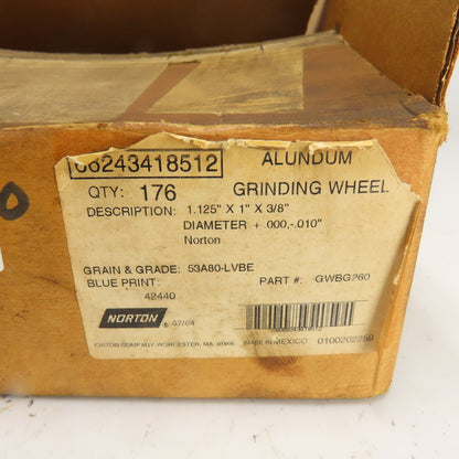 Norton 66243418512 GWBG260 Grinding Wheels 1.125" x 1" x 3/8" 53A80-LVBE Lot/176