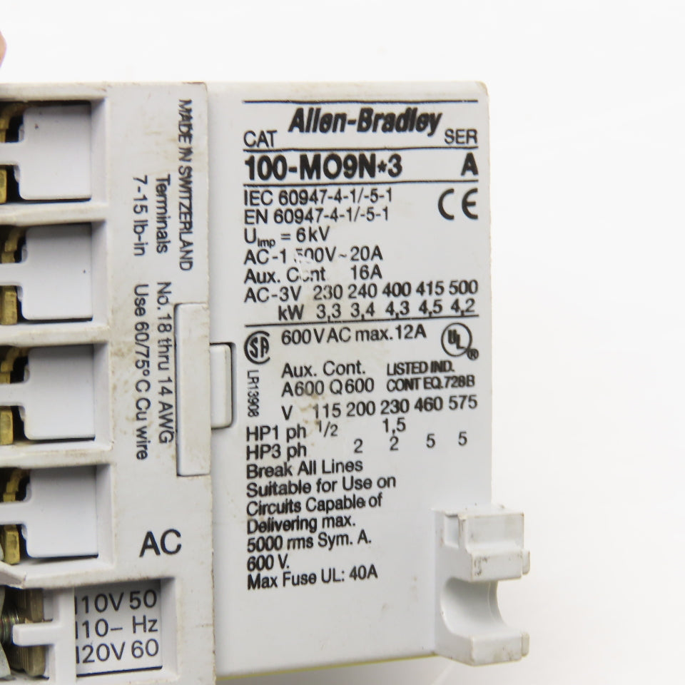 Allen Bradley 100-MO9ND3 Mini Contactor 600VAC 12A 110/120V Coil
