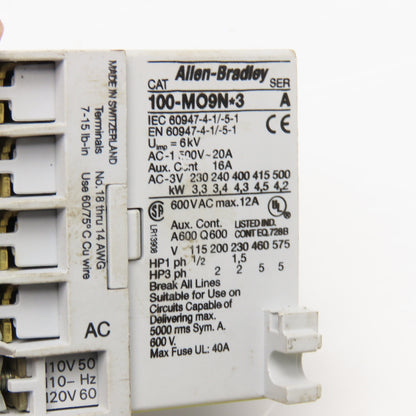 Allen Bradley 100-MO9ND3 Mini Contactor 600VAC 12A 110/120V Coil