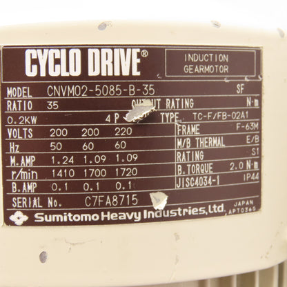 Sumitomo CNVM02-5085-B-35 35:1 Ratio Cyclo Drive Gearmotor 0.2kW 200/220V