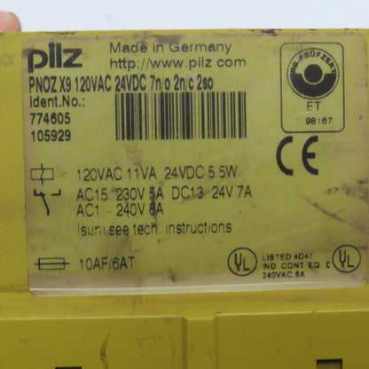 Pilz PNOZ X9 774605 2 Channel Safety Relay 120VAC 24VDC 7n/o 2n/c