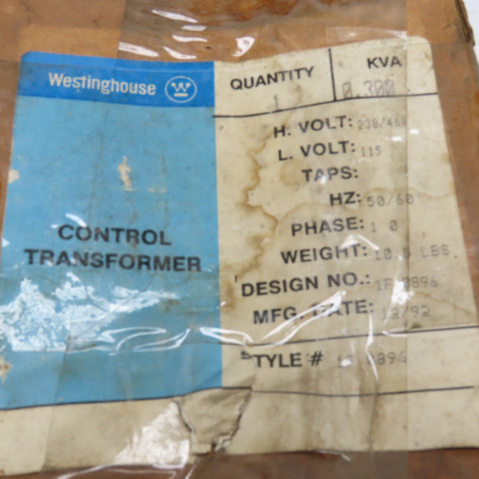 Westinghouse 1F0896 230/460V Pri 115V Sec 0.300kVa 1Ph Transformer NOS