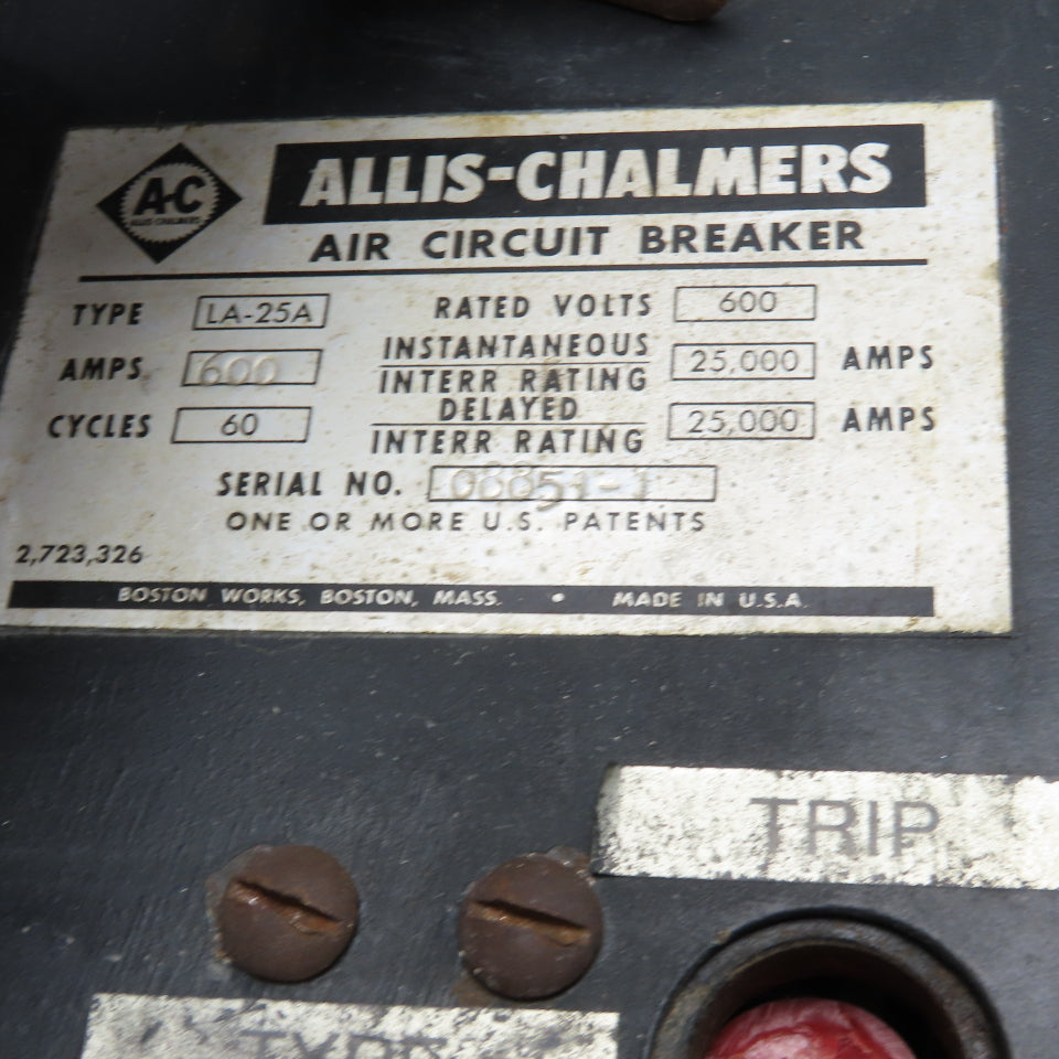 Allis Chalmers LA-25A 600V 600A Air Circuit Breaker W/ Digitrip RP6A06A060