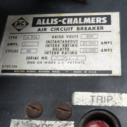 Allis Chalmers LA-25A 600V 600A Air Circuit Breaker W/ Digitrip RP6A06A060