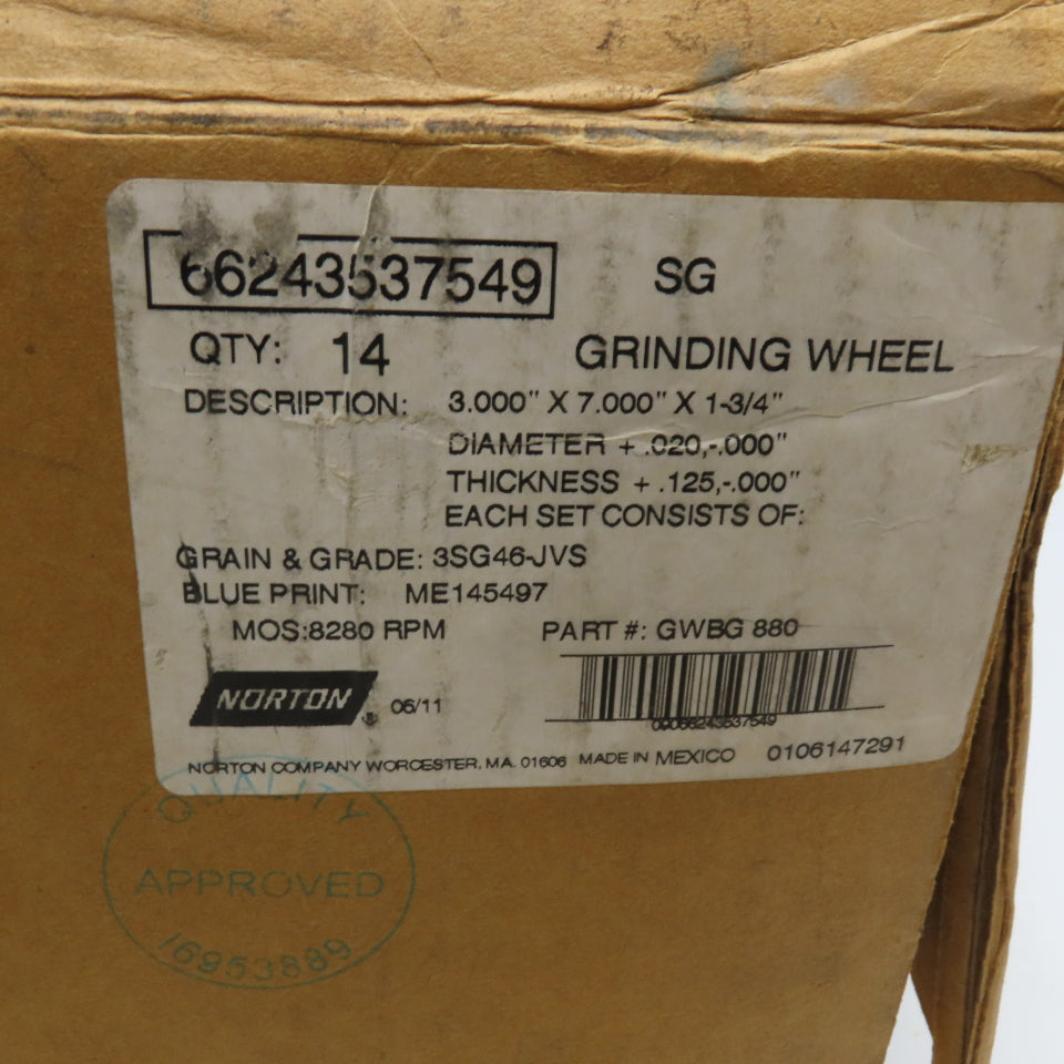 Norton 3SG46-JVS 3" x 3.5" x 1-3/4" Alundum Grinding Wheel 8280RPM Lot Of 28