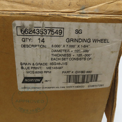 Norton 3SG46-JVS 3" x 3.5" x 1-3/4" Alundum Grinding Wheel 8280RPM Lot Of 28