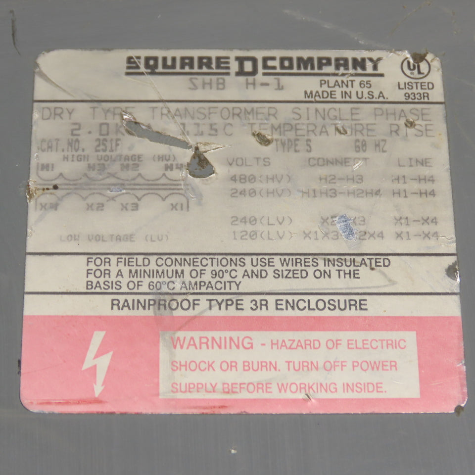 Square D 2S1F 2KVA 1Ph Dry Type Transformer 240x480V Pri 120/240V Sec