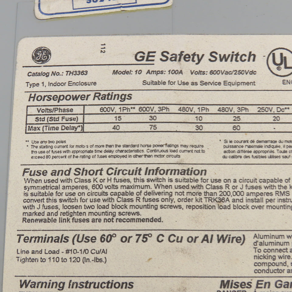 General Electric TH3363 100A 600V Fuses Safety Disconnect Switch
