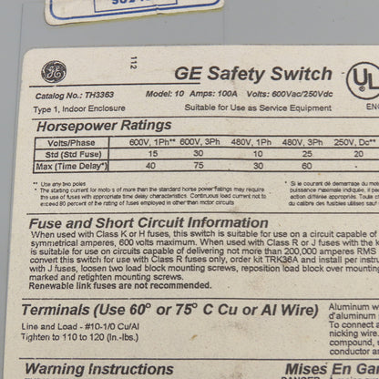 General Electric TH3363 100A 600V Fuses Safety Disconnect Switch