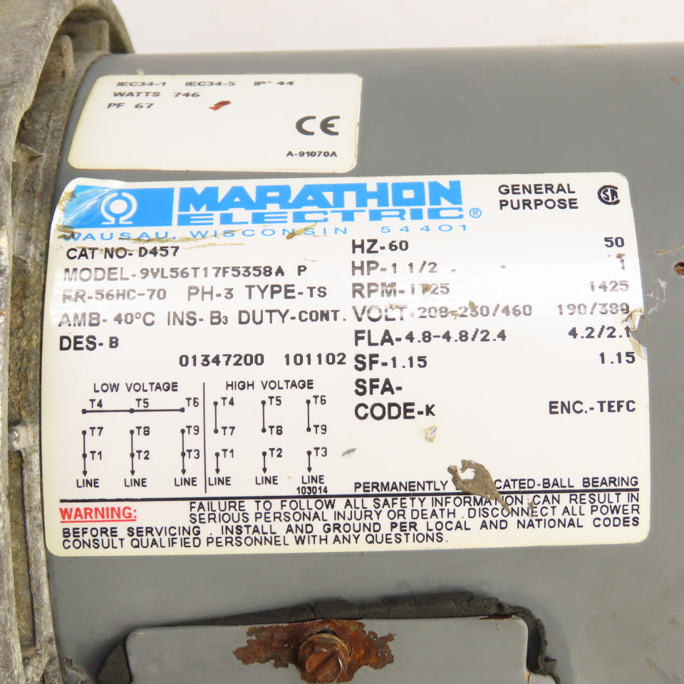 Marathon 9VL56T17F5358A 1-1/2HP Electric Motor 230/460V 1725RPM 56HC w/ Brake