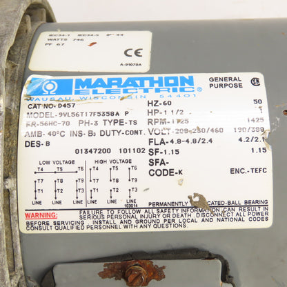 Marathon 9VL56T17F5358A 1-1/2HP Electric Motor 230/460V 1725RPM 56HC w/ Brake