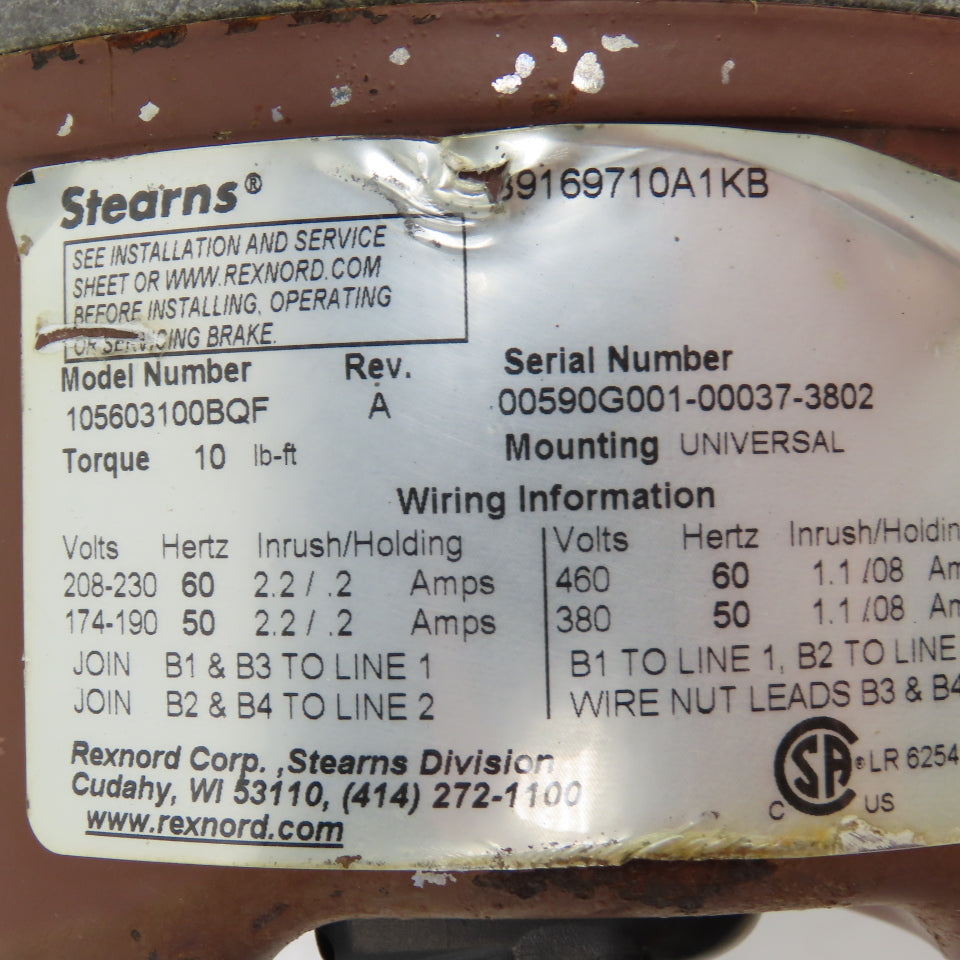 Marathon 9VL56T17F5358A 1-1/2HP Electric Motor 230/460V 1725RPM 56HC w/ Brake