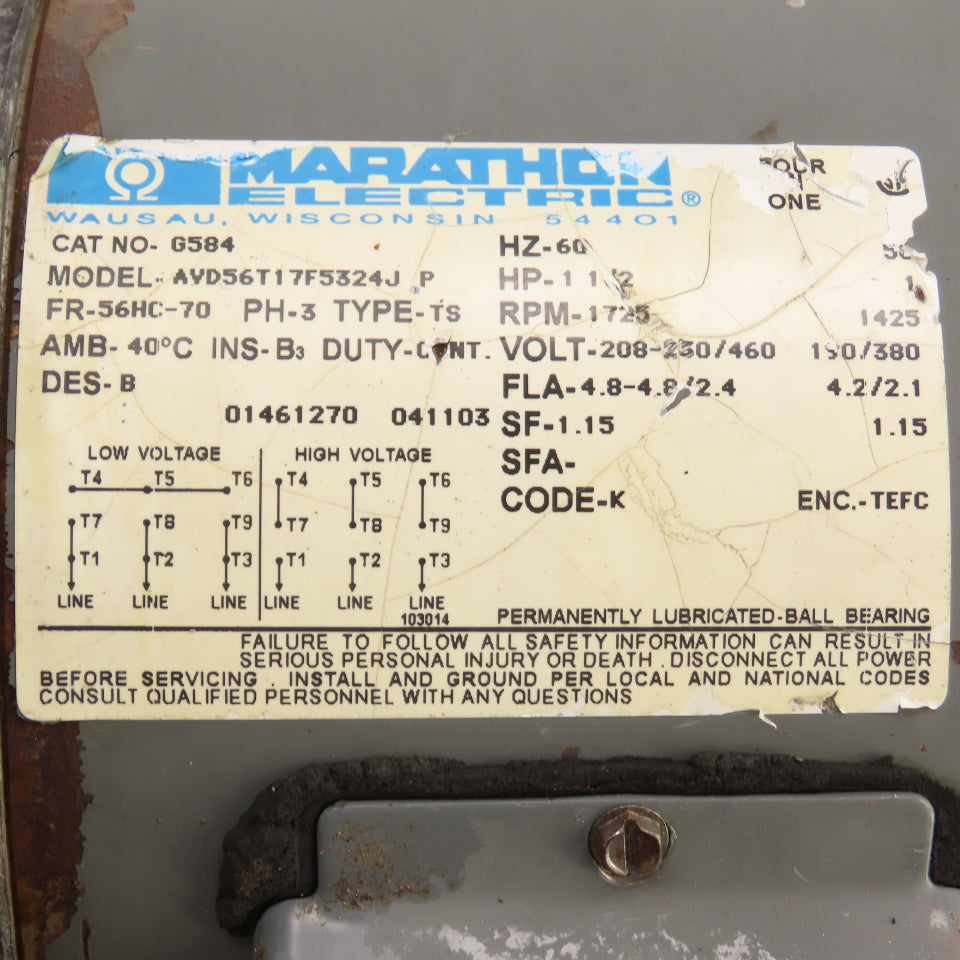 Marathon AVD56T17F5324J P 1-1/2HP Electric Motor 208-230/460V 56HC Fr 1725RPM