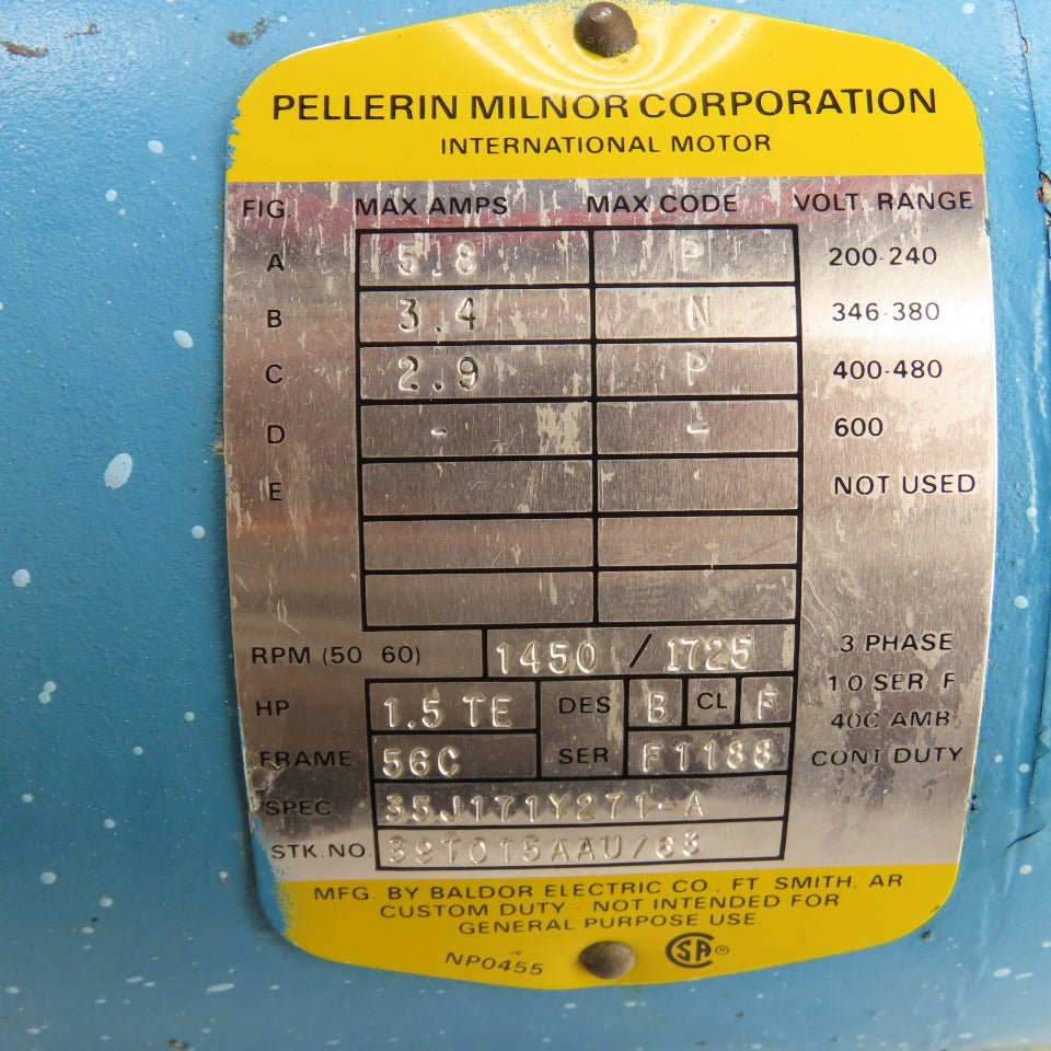 Milnor 39T015AAU/63 1.5HP Electric Motor 3Ph 200-480V 56C Frame 1725RPM W/Brake