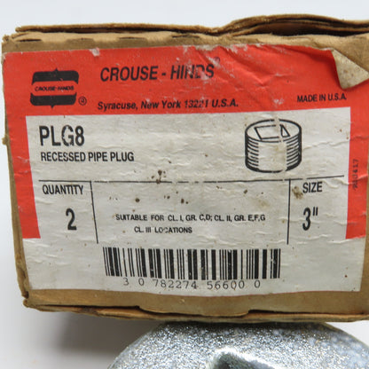 Crouse Hinds PLG8 3" Galvanized Recessed Pipe Plug Box Of 2