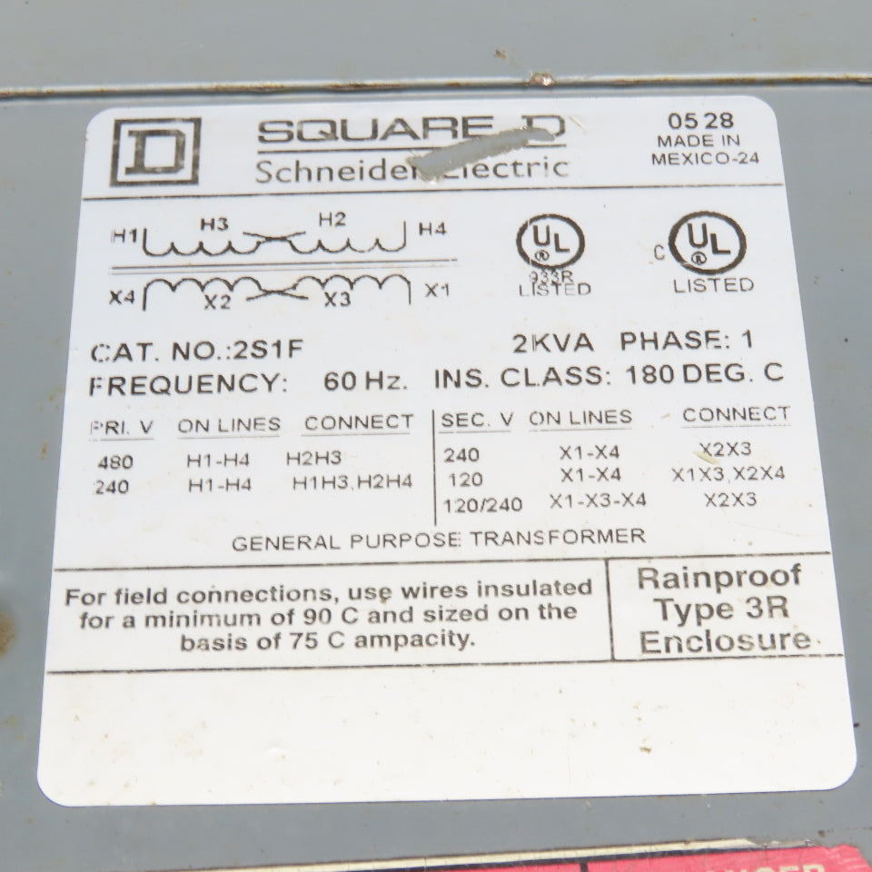 Square D 2S1F 480/240V Pri 2kVa 240/120V Sec 1Ph Transformer 3R Enclosure