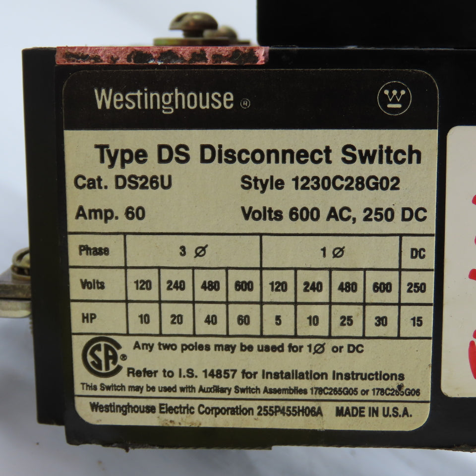 Westinghouse 1230C28G02 DS26U 60A 3-Pole Fusible Safety Disconnect Switch 600VAC