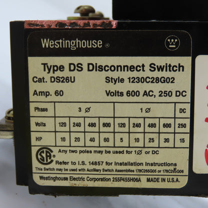 Westinghouse 1230C28G02 DS26U 60A 3-Pole Fusible Safety Disconnect Switch 600VAC