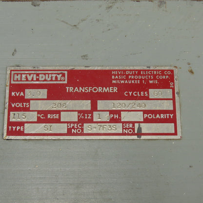 Hevi-Duty S-7F3S 3kVA 1Ph Transformer 208V to 120/240V 60Hz