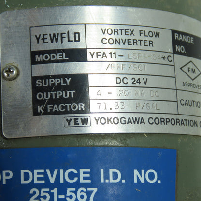 Yokogawa YFA11-LSPA-04*C YEWFLO Vortex Flow Converter 24VDC 4-20mA Output