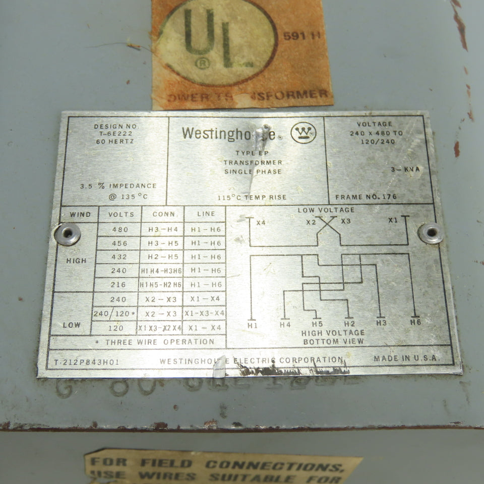 Westinghouse T-6E222 3kVA Single Phase Type EP Transformer 240x480V to 120/240V