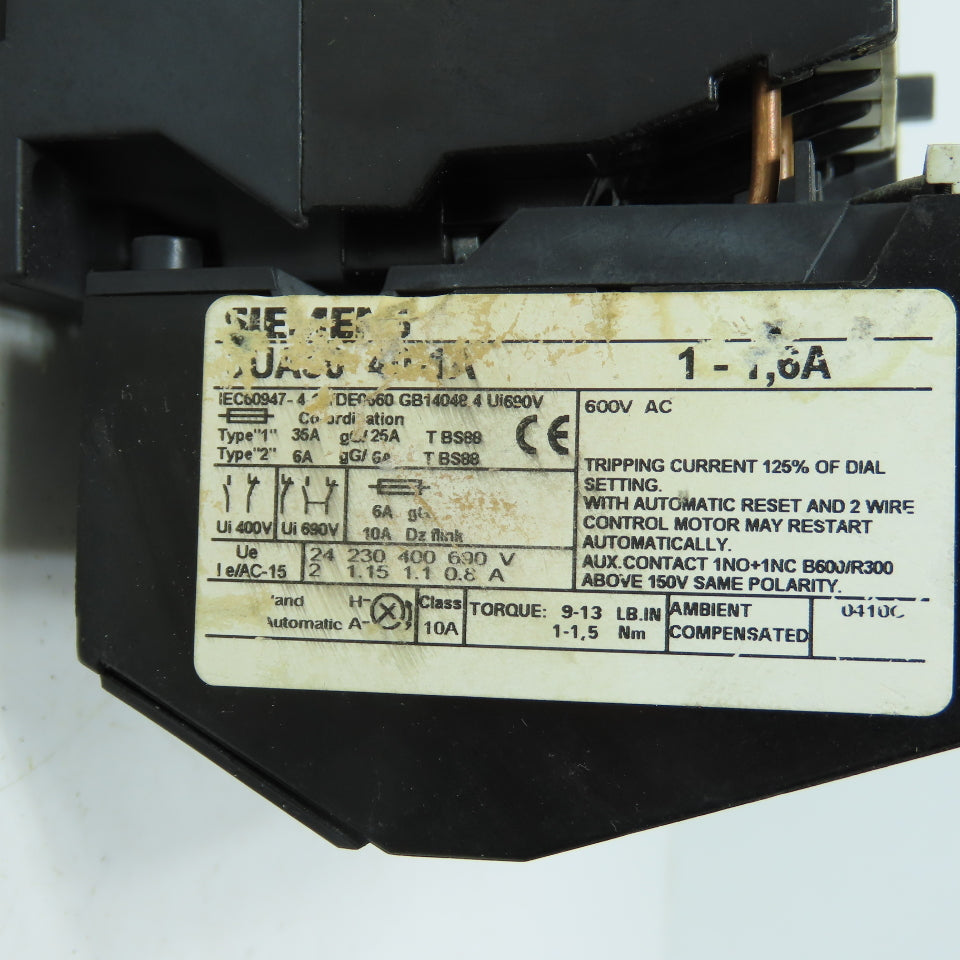 Siemens 3UA50 3TB40 Motor Starter Contactors 1-1.6A Overload 660V Lot of 2