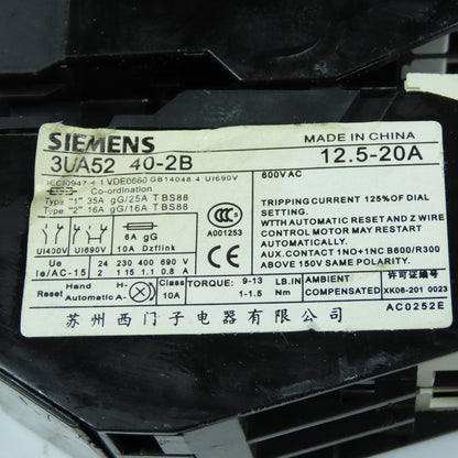 Siemens 3TB43 22-0X 15HP600V 3Ph Contactor W/3UA52 40-2B Overload 12.5-20A lot/2