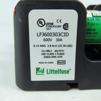 Littelfuse LFJ600303CID 3-Pole Class J Fuse Holder 600V 30A W/ JTD 20 ID Fuses