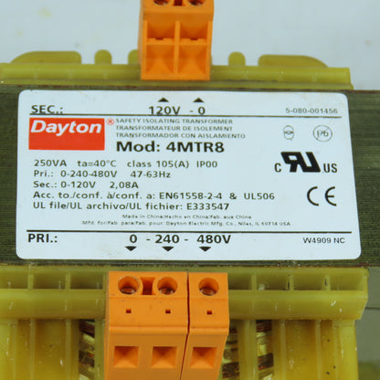 Dayton 4MTR8 250VA Control Transformer 240/480V Primary 120V Secondary