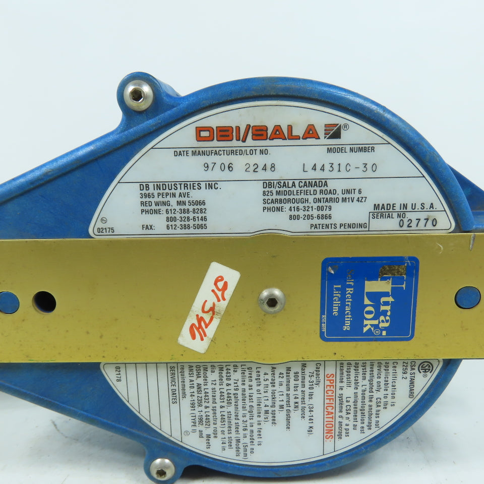 DBI/SALA L4431C-30 Ultra-Lok Self-Retracting Lifeline 30ft 310lb Capacity