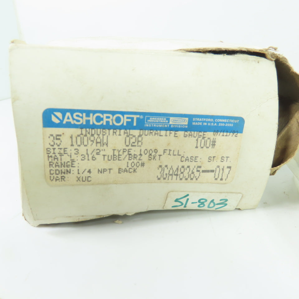 Ashcroft 3GA48365-017 1009AW Industrial Duralife Pressure Gauge 100psi 1/4 NPT